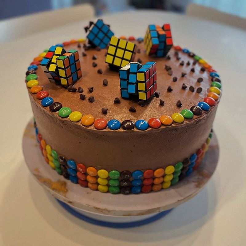 Chocolate cake ringed with sweets and topped with Rubik’s cubes